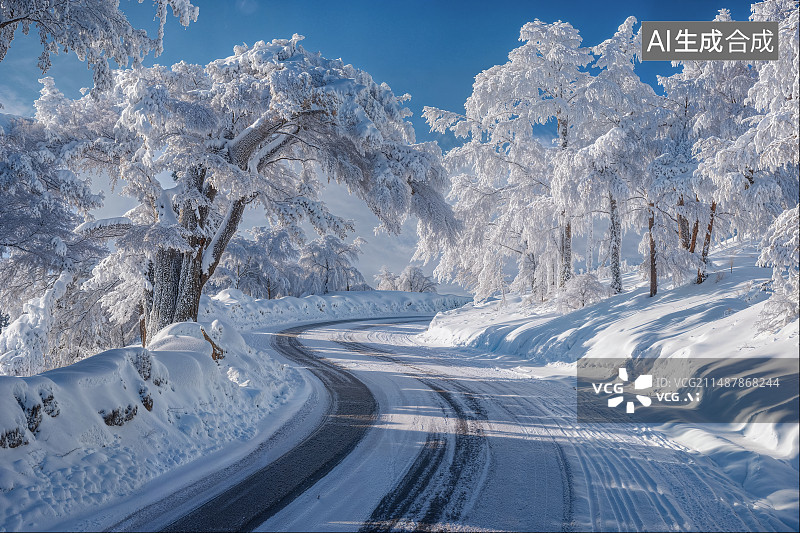 【AI数字艺术】雪地道路，雾凇道路图片素材