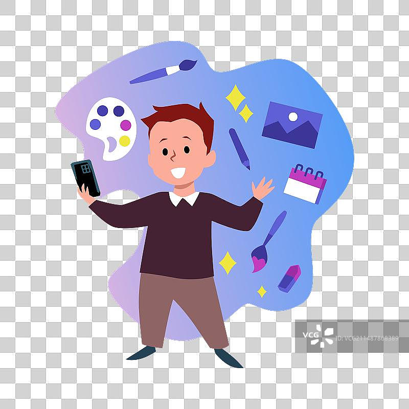 快乐的男孩拿着手机扁平风格图片素材