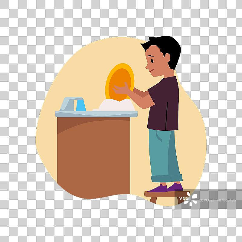 可爱男孩在厨房水槽里洗碗图片素材