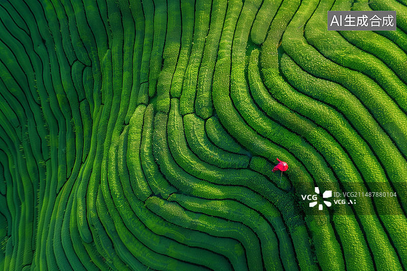 【AI数字艺术】航拍茶园里采摘茶叶的人图片素材