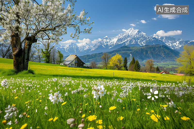 【AI数字艺术】开满鲜花的山丘小屋和远处的雪山图片素材