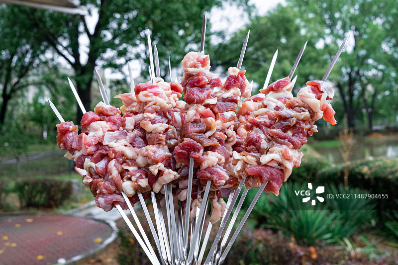 中国饮食产业拍摄主题，一个人手里拿着一把生的羊肉串，户外白昼无人图像摄影图片素材