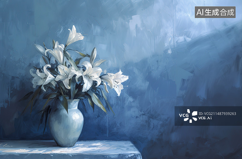 【AI数字艺术】蓝色背景下花瓶里的花朵特写镜头图片素材