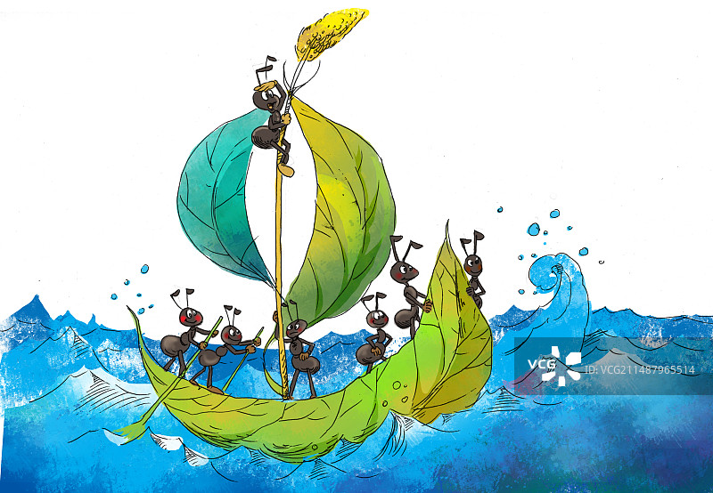 一群可爱的蚂蚁团结努力制造小船，过河图片素材