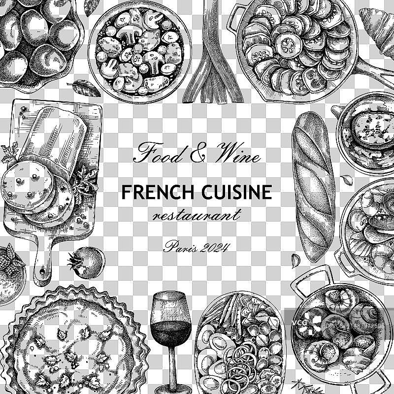 复古美食与葡萄酒法国美食边框设计图片素材