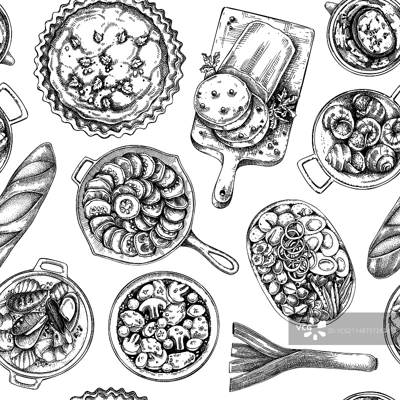 法国美食无缝图案复古图片素材