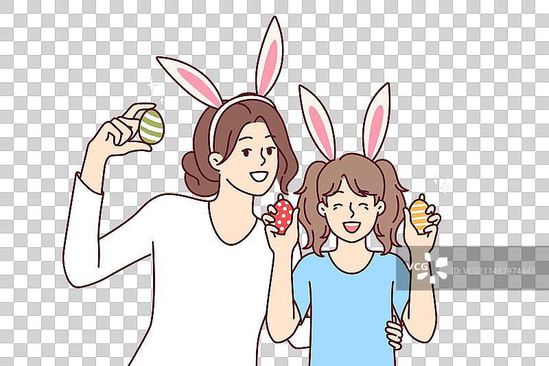 快乐的母女手中的复活节彩蛋图片素材