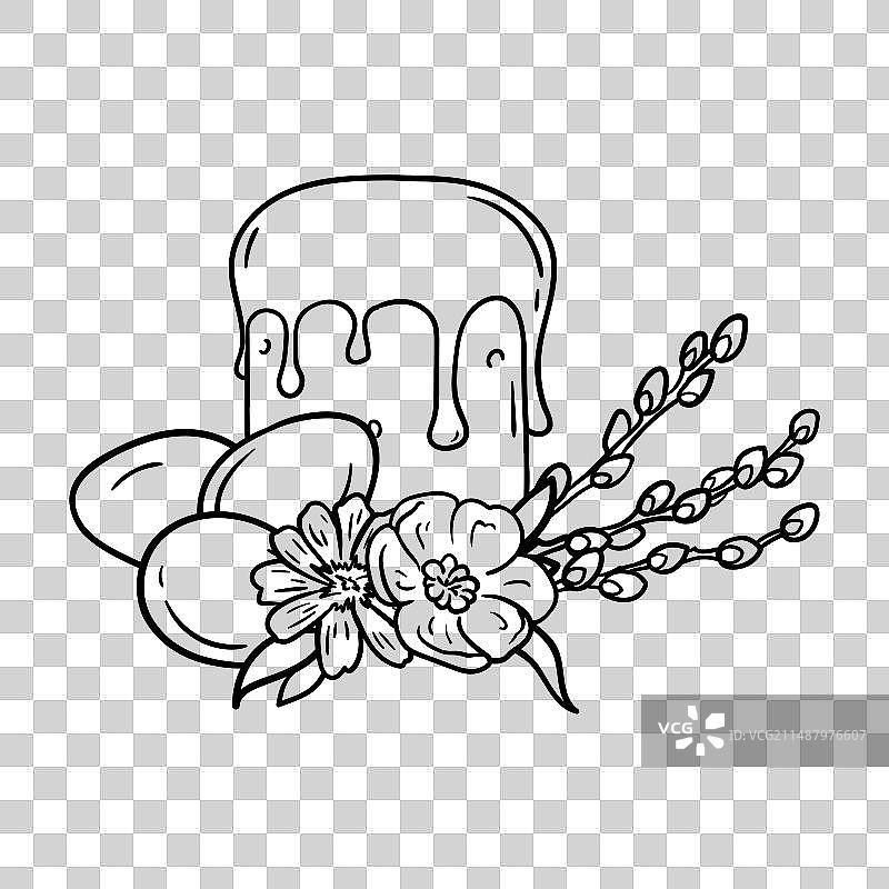 复活节蛋糕、彩蛋和猫柳涂色页图片素材