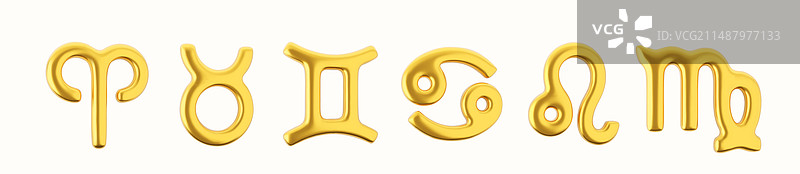 3D金色十二星座符号：白羊座、金牛座、双子座图片素材