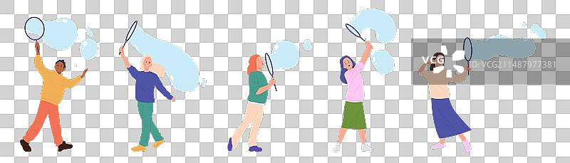 享受肥皂的不同人物卡通形象图片素材