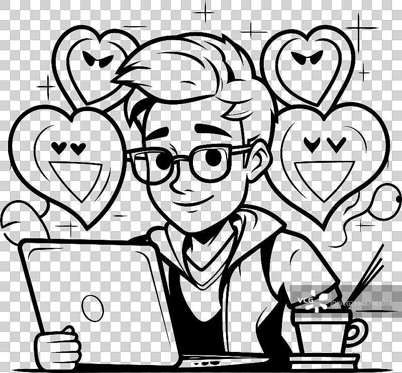 使用笔记本电脑的黑白卡通人物图片素材