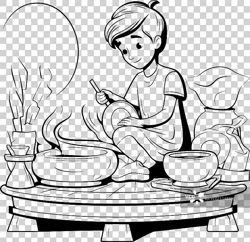 陶艺工人黑白填色图图片素材