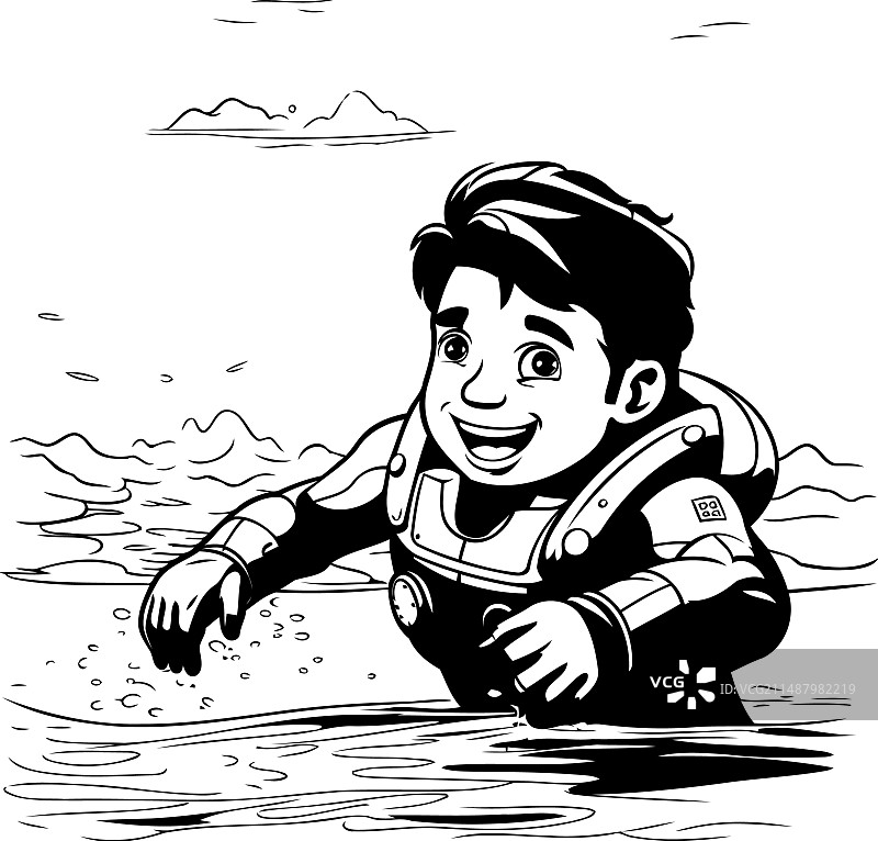 男孩跳水——孩子的黑白卡通画图片素材