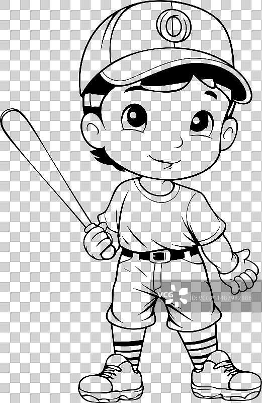 儿童棒球运动员与球棒涂色书图片素材