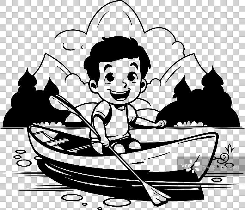 男孩在湖上划船（黑白照片）图片素材