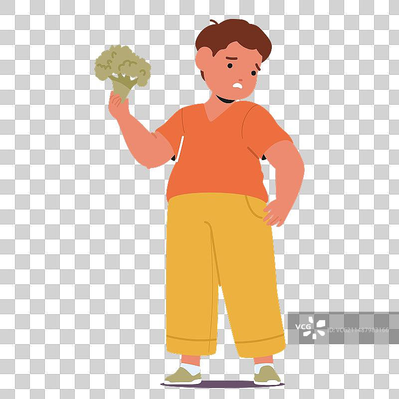 忧郁的超重男孩拿着西兰花图片素材