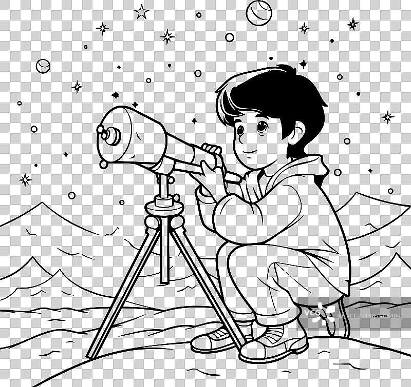 男孩用望远镜观察（黑白照片）图片素材