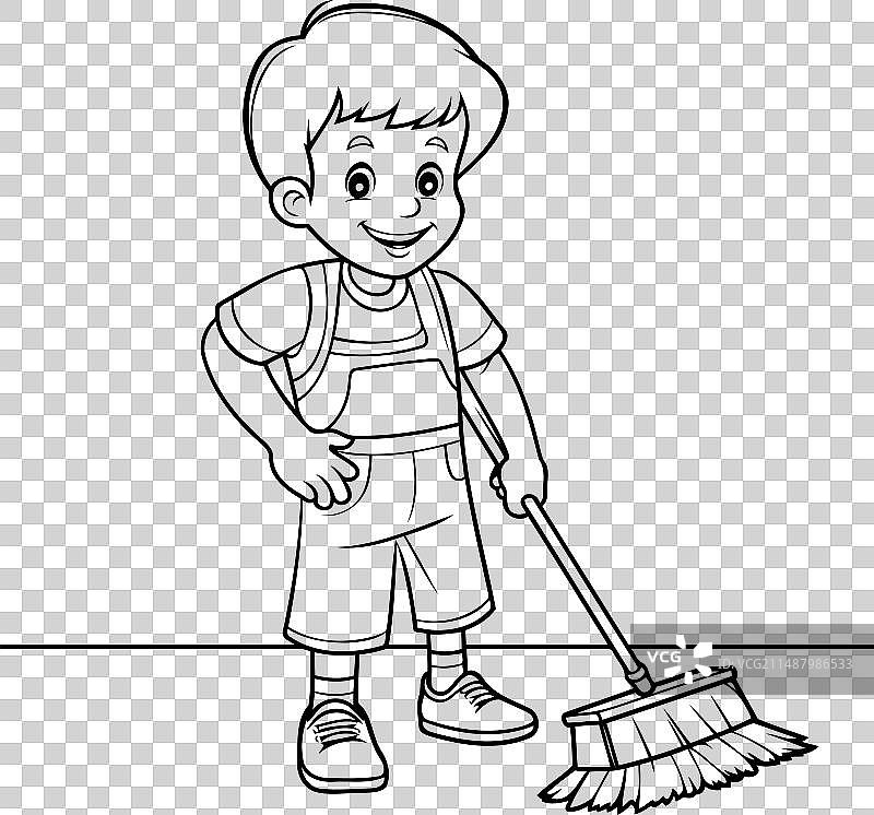 男孩用扫帚扫地轮廓图片素材