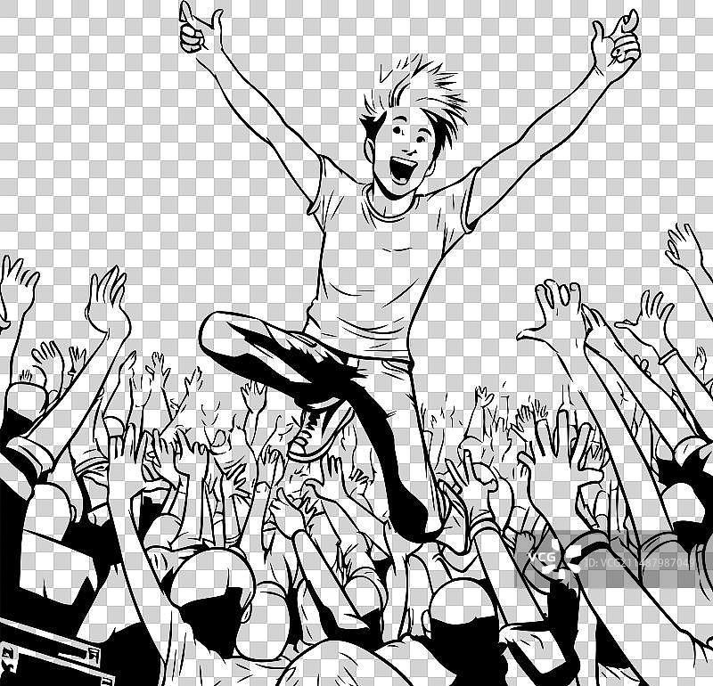 快乐的年轻男人在人群中跳跃图片素材