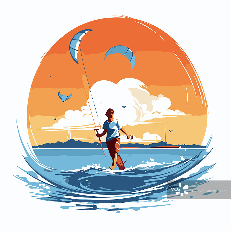 夕阳背景下的风筝冲浪者图片素材