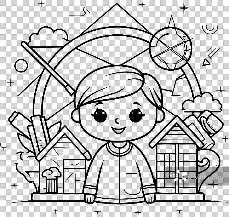 可爱的小男孩拿着房子和建筑工具图片素材