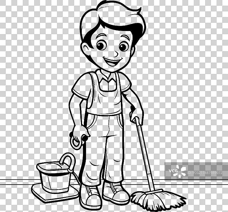 可爱的小男孩打扫房子卡通图图片素材