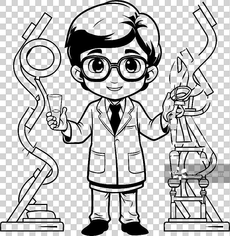 穿实验服戴眼镜的男孩拿着一杯图片素材