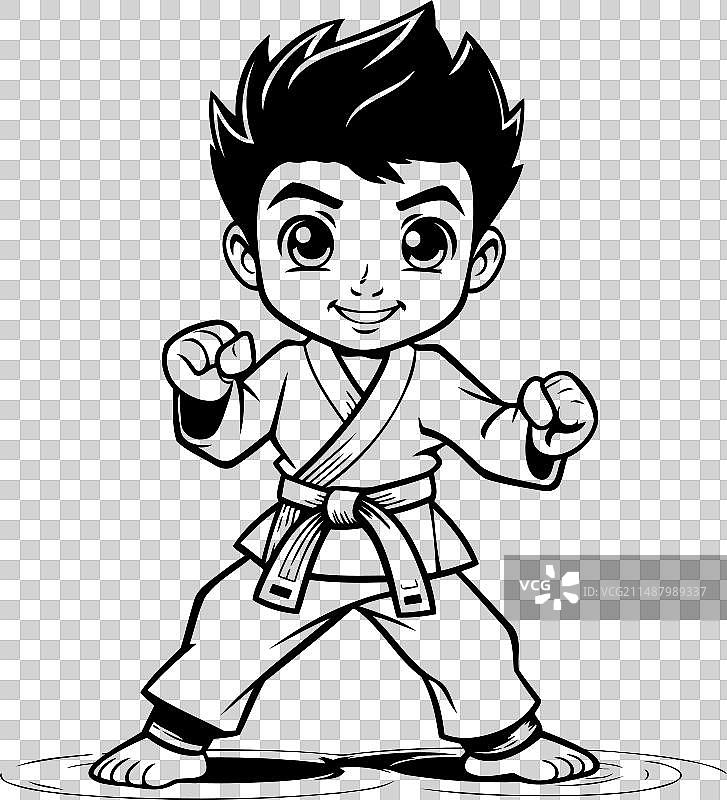 空手道男孩-黑白卡通图片素材