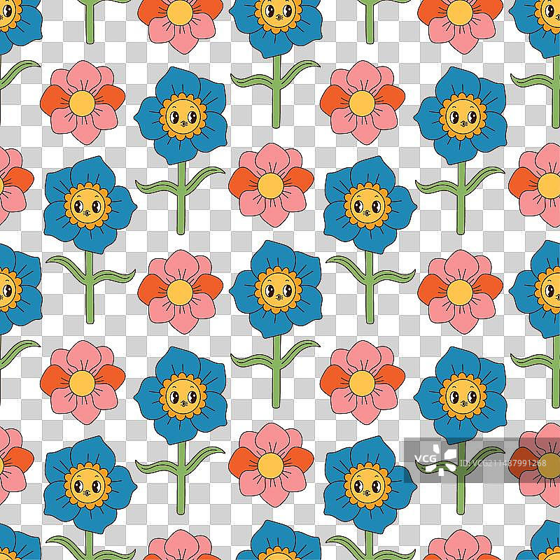 70年代复古微笑鲜花无缝图案图片素材