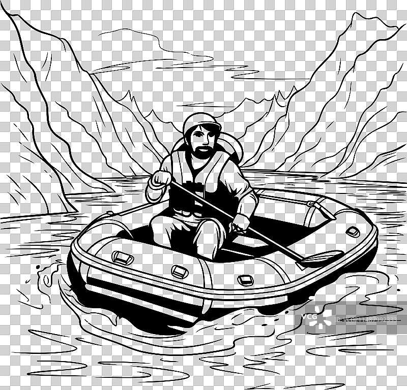 男子在山中划充气船图片素材