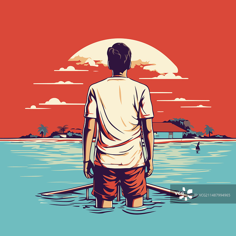 日落时分在海上划船的男人图片素材