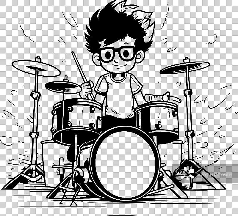打鼓的可爱男孩黑白卡通图片素材