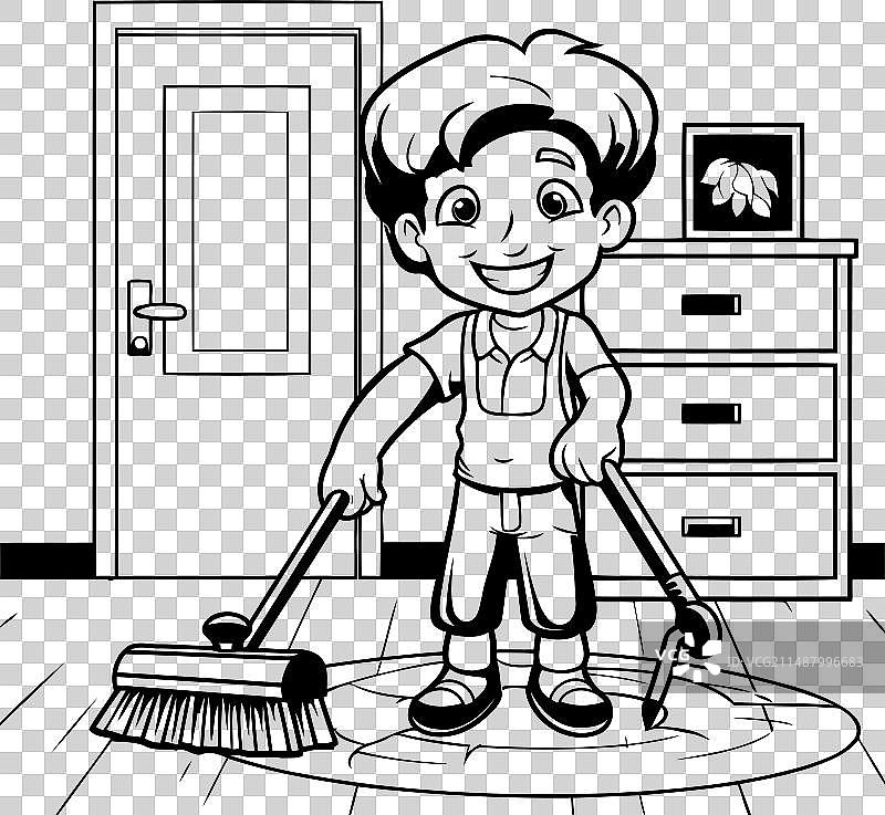 男孩用扫帚打扫地板（黑白）图片素材