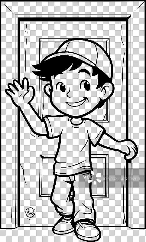 挥手的黑白卡通男孩图片素材