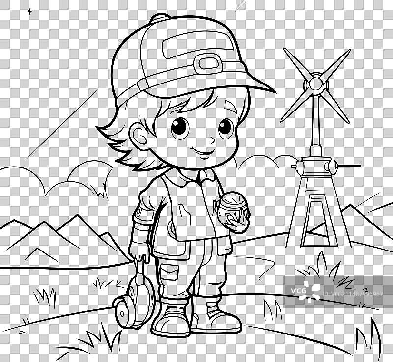 戴着狩猎帽的男孩卡通轮廓图图片素材