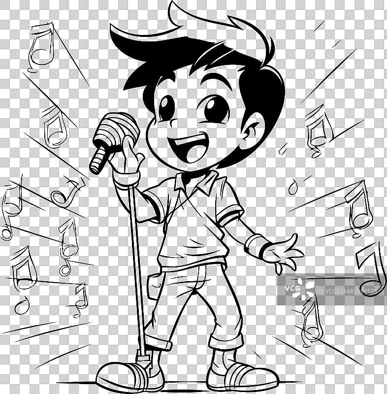 男孩用麦克风唱卡拉OK - 黑色图片素材