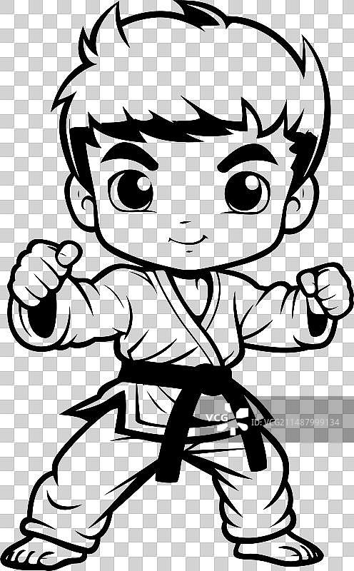 空手道男孩黑白卡通吉祥物图片素材