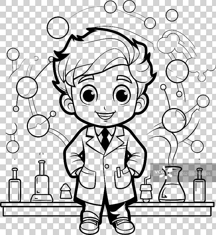 黑白卡通：男孩科学家图片素材