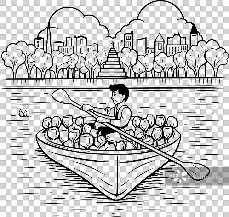 男人在公园划船赏莲花图片素材
