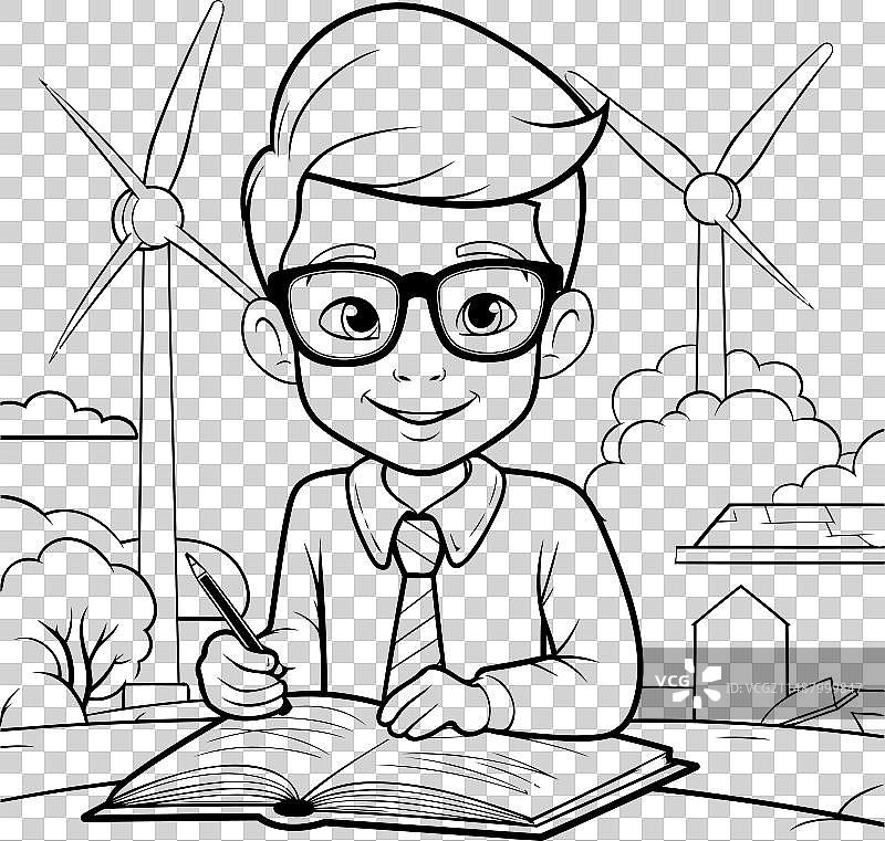 男孩在旁边读书的黑白照片图片素材