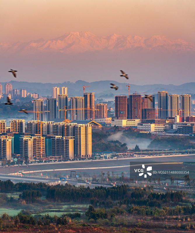 清晨金色时刻，飞鸟、雪山与建设中的城市——眉山天府新区视高图片素材