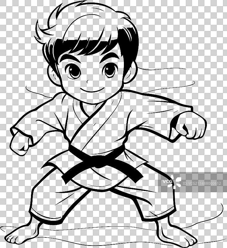 空手道男孩黑白卡通填色图片素材