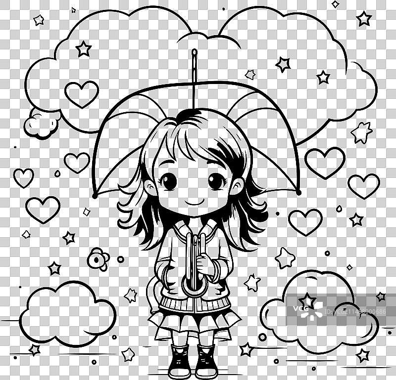 为着色书准备的，带着雨伞和雨的可爱女孩图片素材