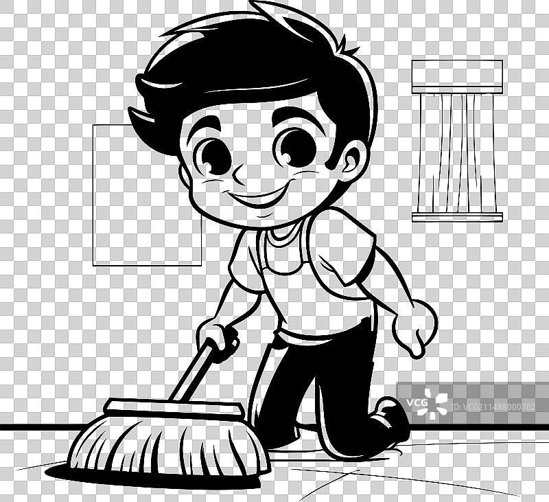 男孩用扫帚打扫地板（黑白）图片素材