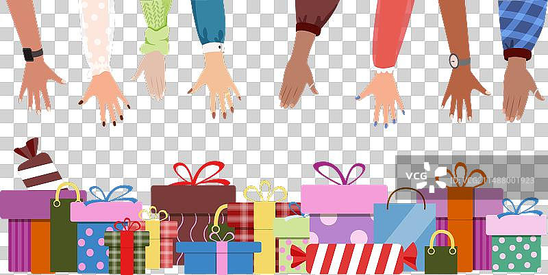 人们伸出手去拿礼品盒图片素材