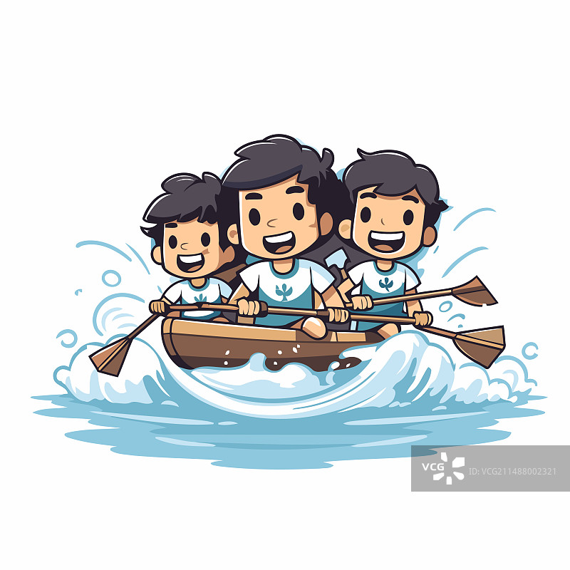 一群朋友在卡通船上划船图片素材