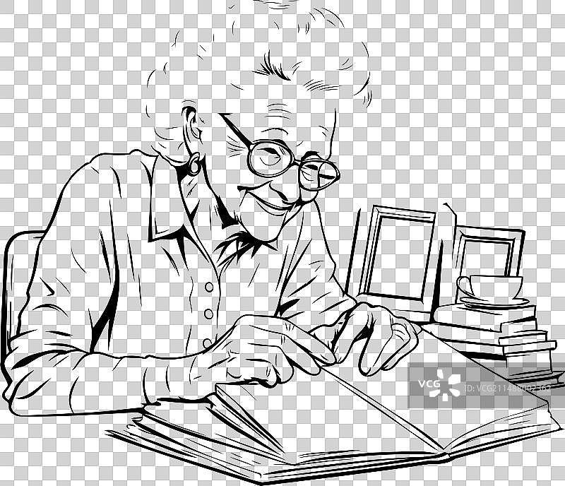 黑白照片：老年妇女在读书图片素材