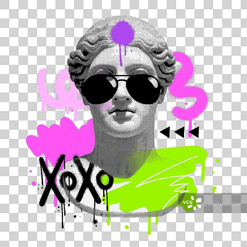 90年代酷炫半色调雕塑混合媒体拼贴图片素材