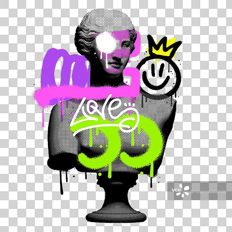 彩色城市背景下的女性仿古雕像胸像图片素材