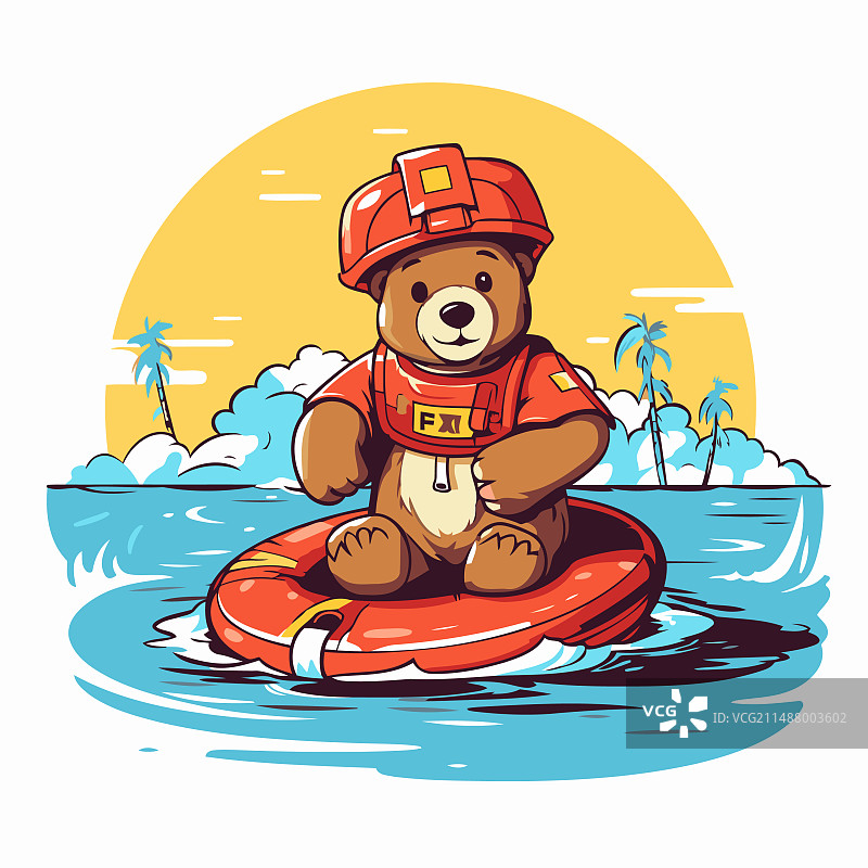 穿着救生衣的泰迪熊在海边图片素材